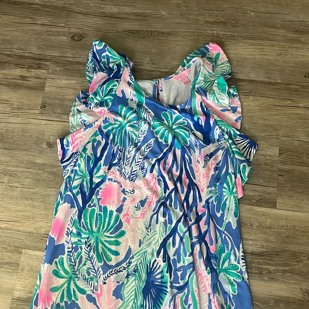 Lilly Pulitzer dress medium Esmeralda Jet Stream Blue Floral Ruffle Sleeve Shift
